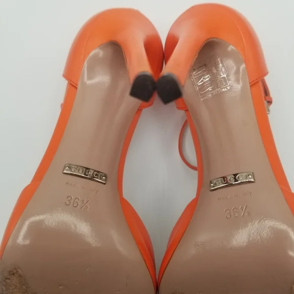 GUCCI Malage Kid Vibrant Orange Leather Studded T-strap Pump EU 36.5